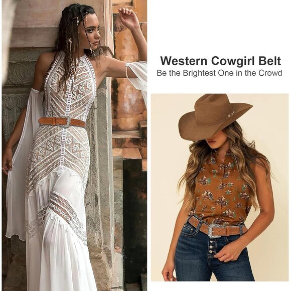 Women\'s Brown Adjustable Vintage Western Belts Engraved Buckle Cowgirl Belt